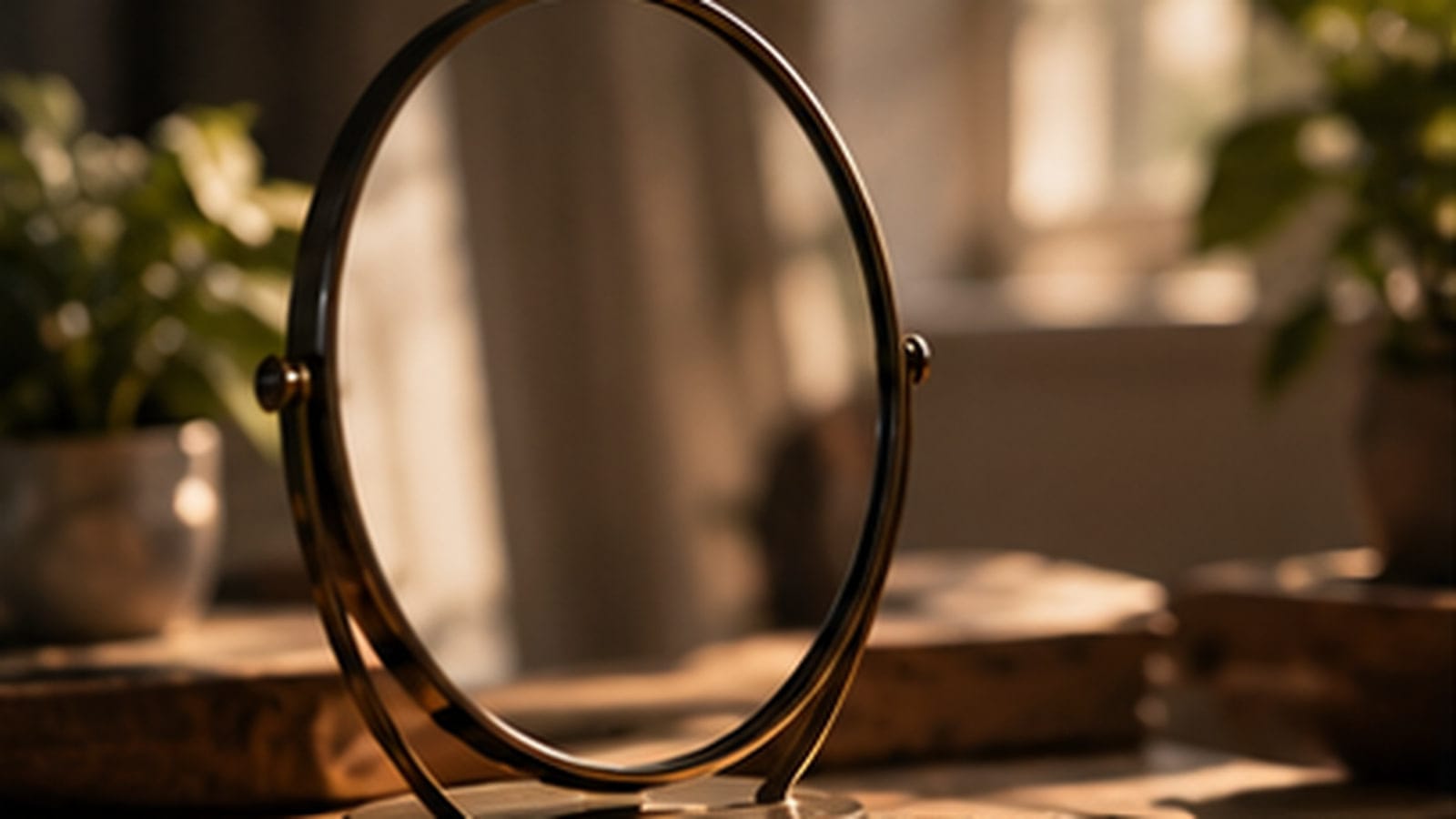 A small round mirror on a stand sits on a desk in soft daylight, its surface reflecting little more than an empty, sunlit room.