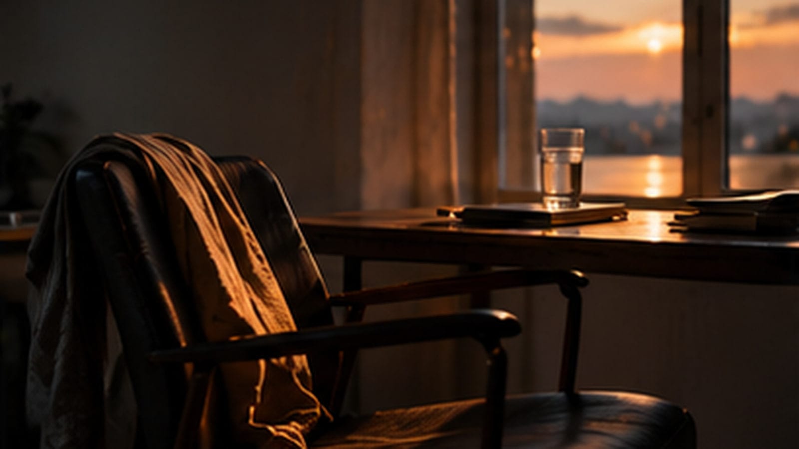 A chair with a jacket over its back is pushed back from a desk at dusk, a glass of water and a closed notebook left on the surface.