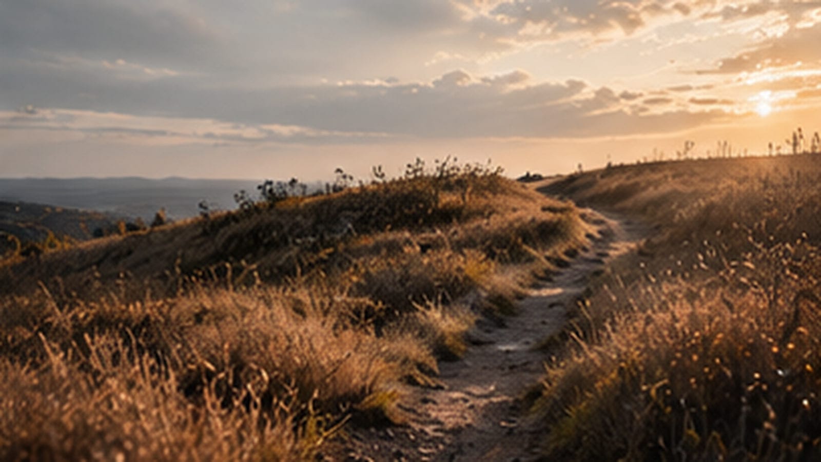 A narrow path worn through dry grass winds over a low hillside under a wide sky at the end of the day.