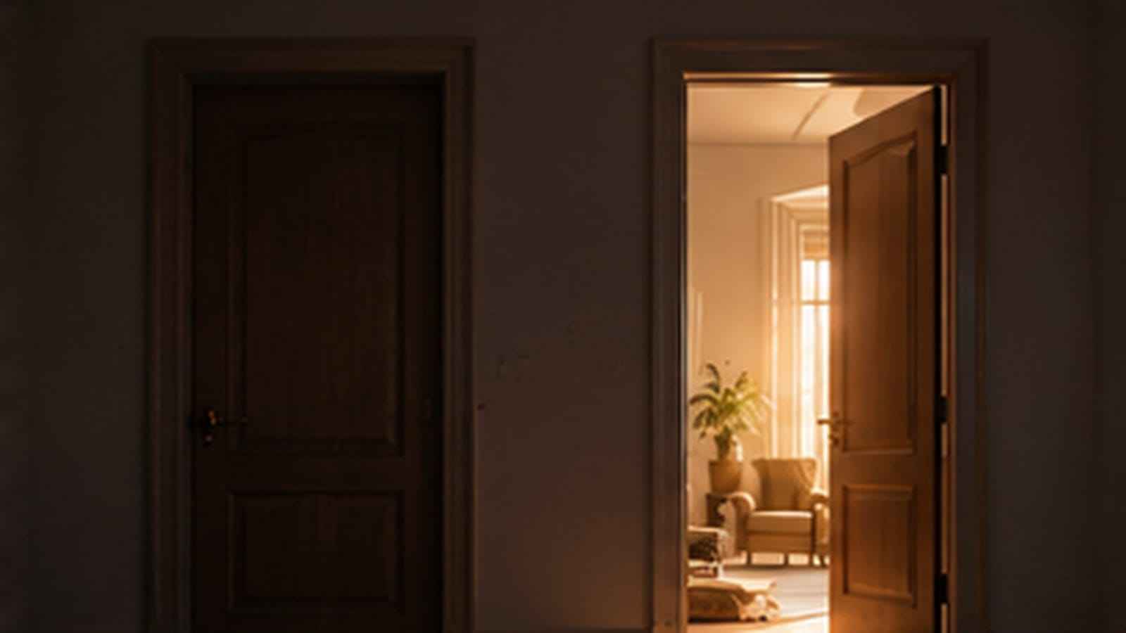 Two doors in a plain wall: the left one closed and in shadow, the right one standing open onto a warm, quietly lit room.