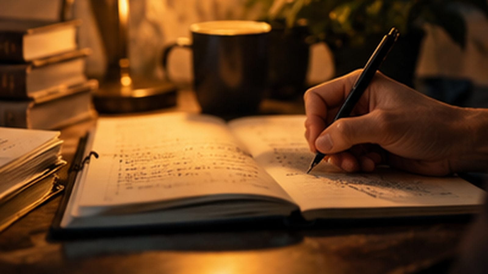 A hand writes in an open notebook on a desk under a warm lamp, beside a stack of books and a cup.
