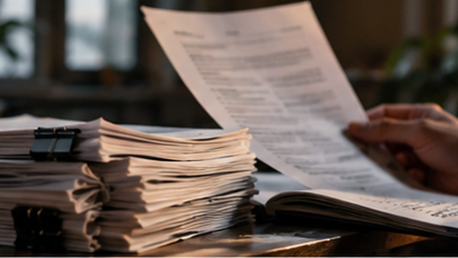 Hands hold a printed page up from a thick stack of further printed documents on a desk, the text blurred past legibility.