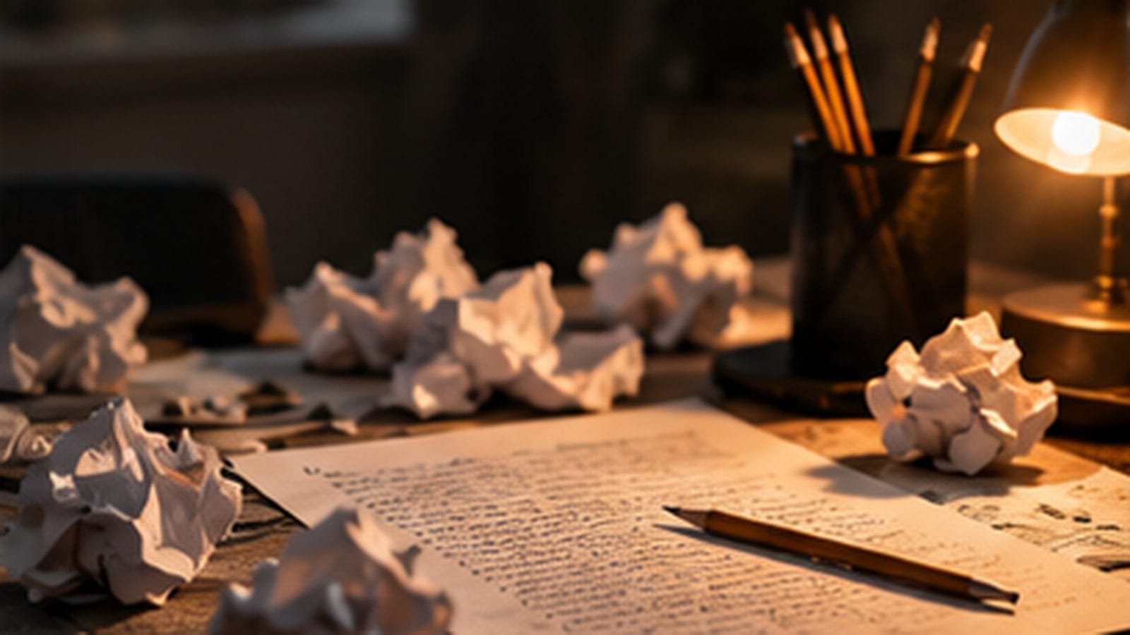 A desk covered in densely handwritten pages and several crumpled balls of paper, a pencil resting among them in warm lamplight.