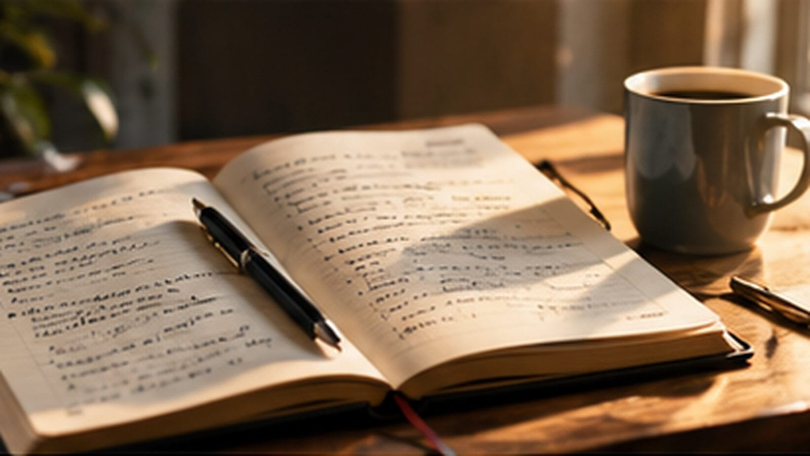 An open notebook and pen on a wooden desk beside a cup of coffee, lit by warm light from a window, with no one at the desk.