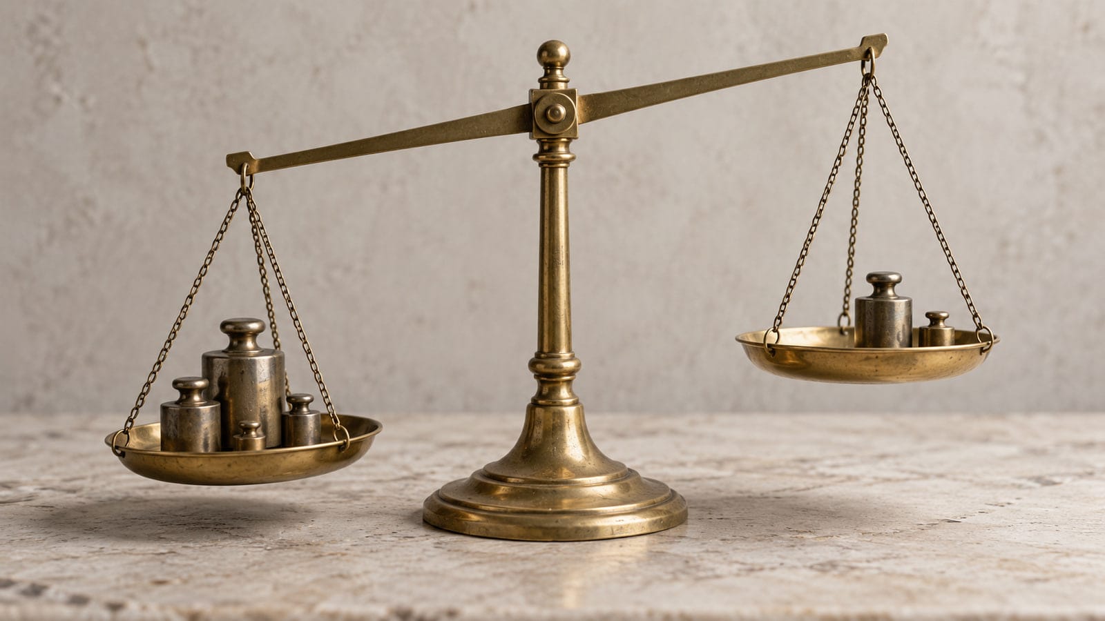 A brass two-pan balance scale on a pale surface, each pan holding plain unmarked metal weights, the beam sitting clearly off level.