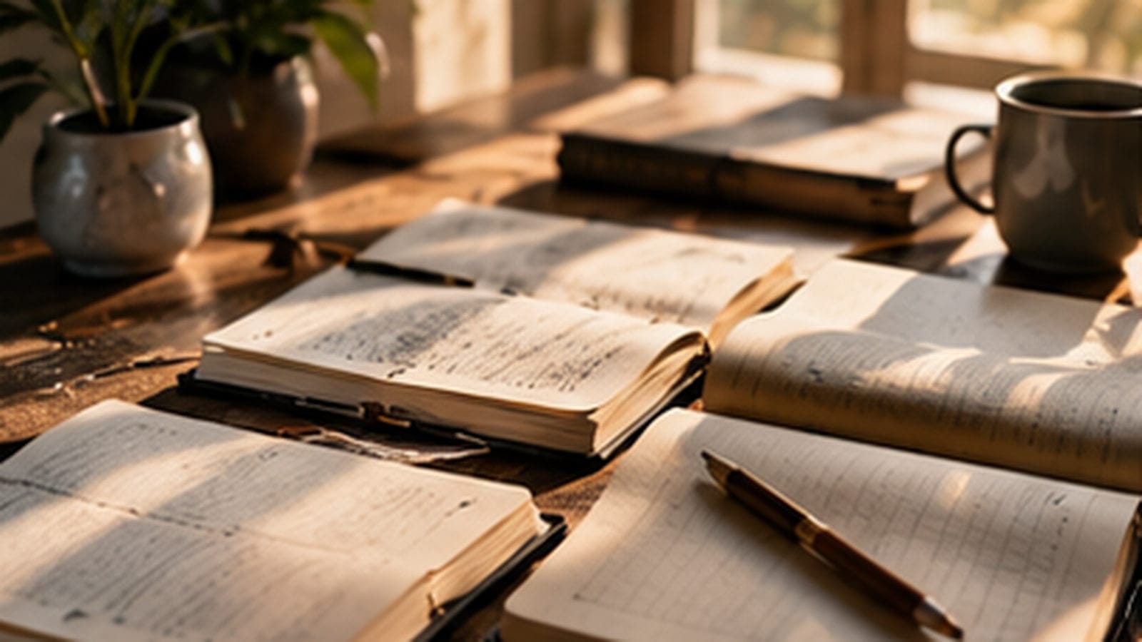 Several open notebooks lie across a sunlit wooden desk beside a pen, a mug and a small plant, each page covered in handwriting too small to read.