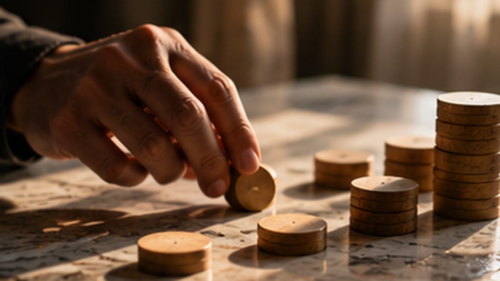 A hand slides one plain unmarked wooden disc away from several neat stacks of identical discs on a stone surface in low side light.