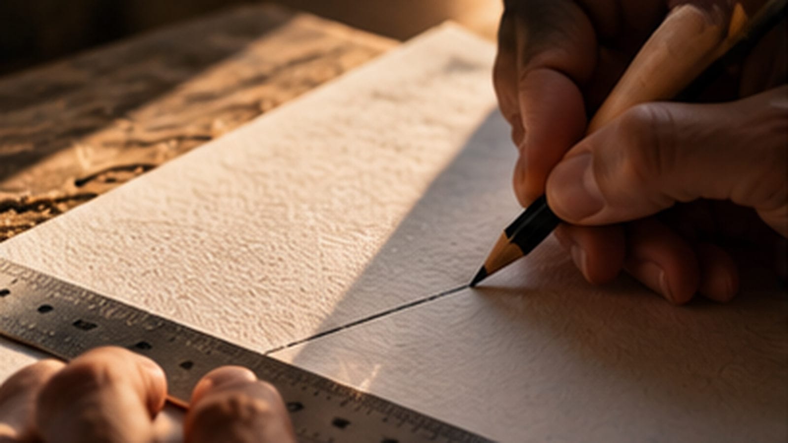 A hand draws a single straight pencil line across an otherwise blank sheet of textured paper, guided by a ruler, in raking morning light.